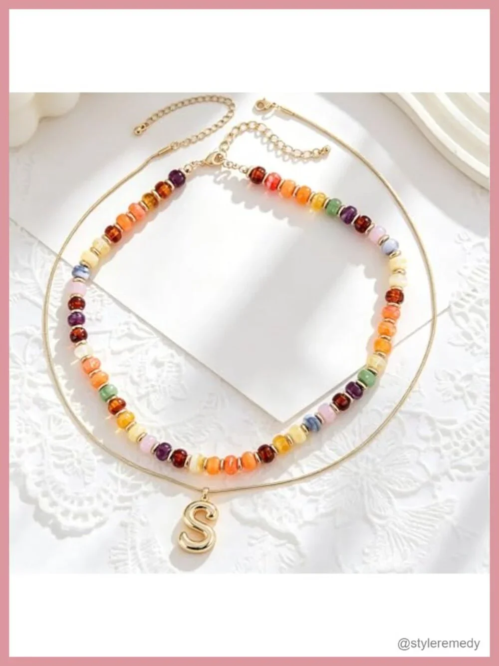 2-in-1 Layered Initial Choker with Beaded Necklace, Gold Plated Bubble Letter